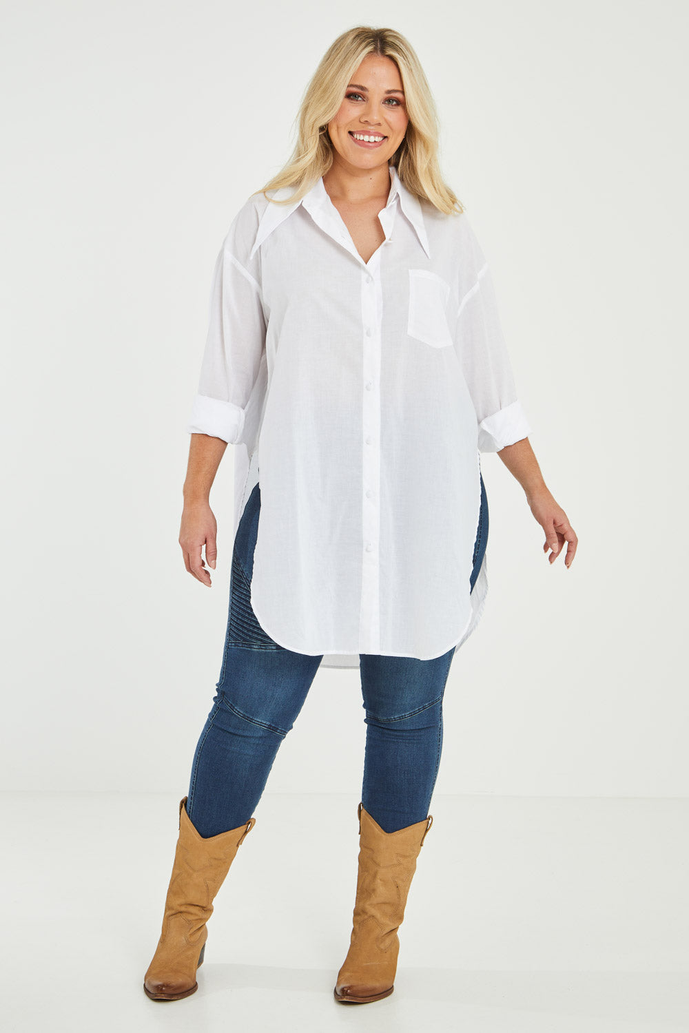 Model Katie wearing size 16 of the Sharp Shooting Dress Shirt in colour White (White), from the front, showing the whole outfit