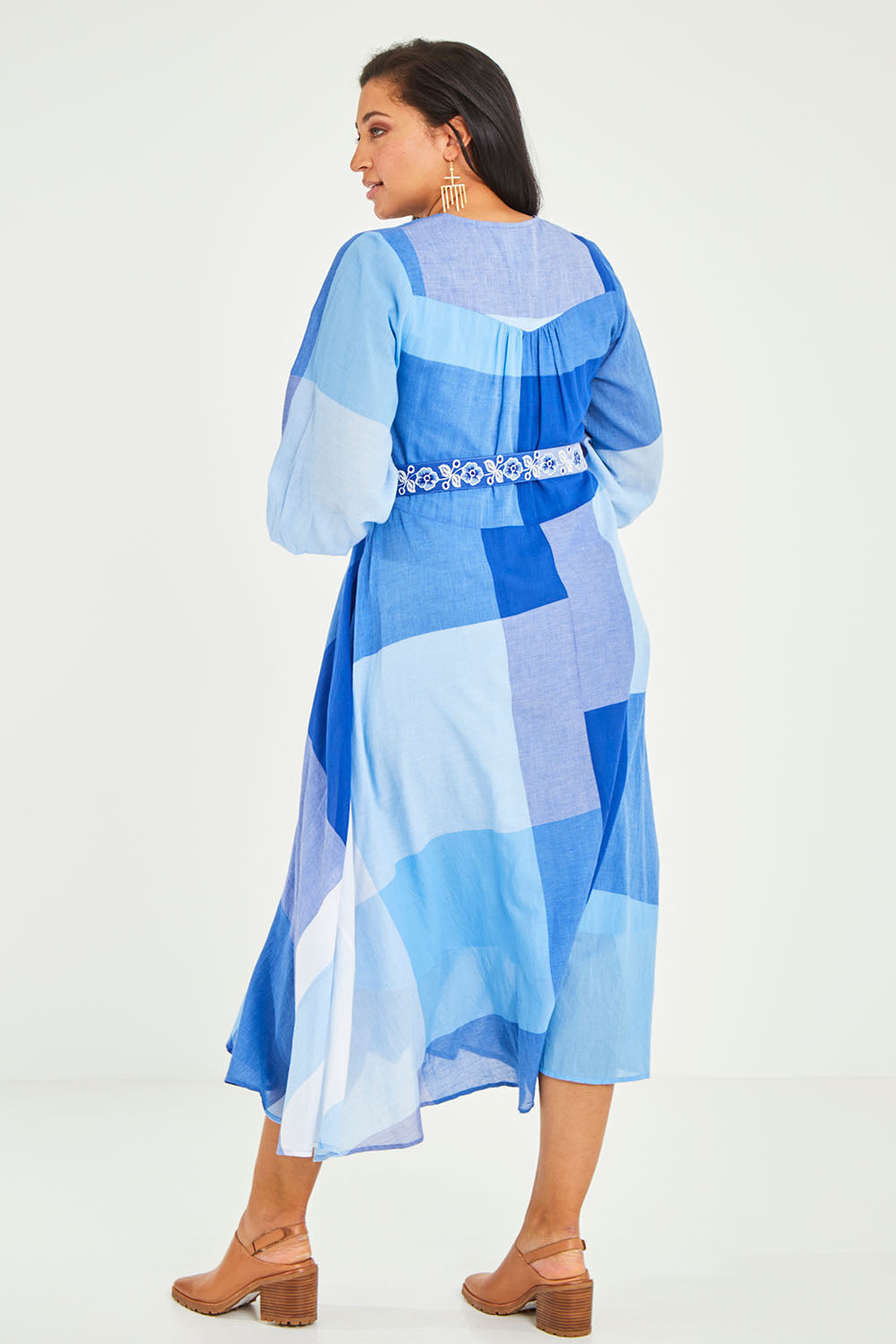 Model Terri-Leigh wearing size 14 of the Joy And Laughter Cotton Midi Dress in colour Blues (Blue), from the back