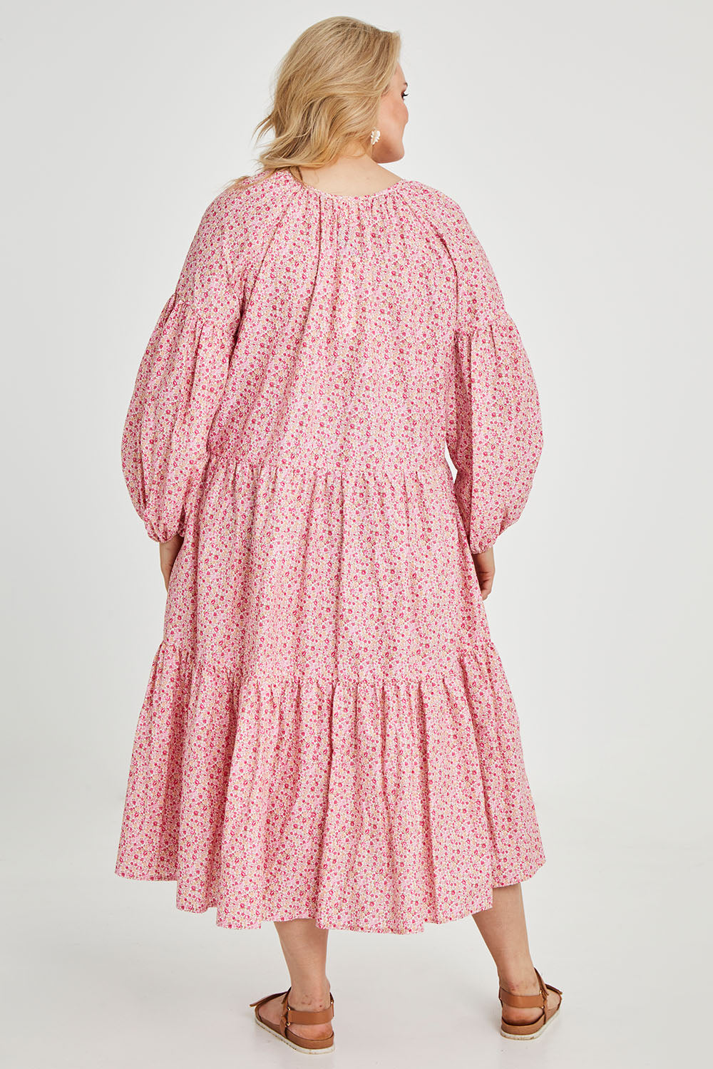 Model Keeara wearing size 16 of the Light Of The Sun Cotton Dress in colour Pinkfleur (Pink), from the back