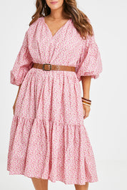 Model Laura wearing size 14 of the Light Of The Sun Cotton Dress in colour Pinkfleur (Pink), from the front, cropped image