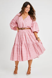 Model Laura wearing size 14 of the Light Of The Sun Cotton Dress in colour Pinkfleur (Pink), from the front, showing the whole outfit