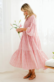 Model Tegan wearing size 10 of the Light Of The Sun Cotton Dress in colour Pinkfleur (Pink), from the front, showing the whole outfit