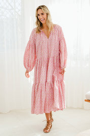 Model Tegan wearing size 10 of the Light Of The Sun Cotton Dress in colour Pinkfleur (Pink), from the front, showing the whole outfit