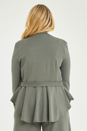 Model Katie wearing size 16 of the Femme Fatale Ponte Jacket in colour Moss (Green), from the back