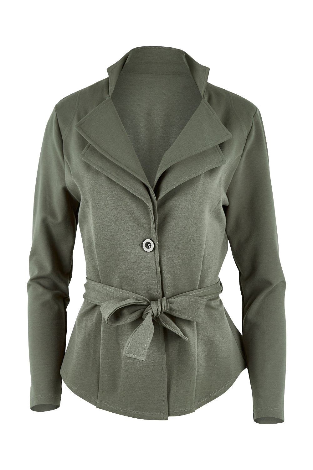 Product shot of the Femme Fatale Ponte Jacket in colour Moss (Green), from the front