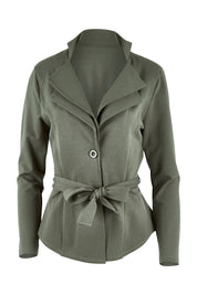 Product shot of the Femme Fatale Ponte Jacket in colour Moss (Green), from the front