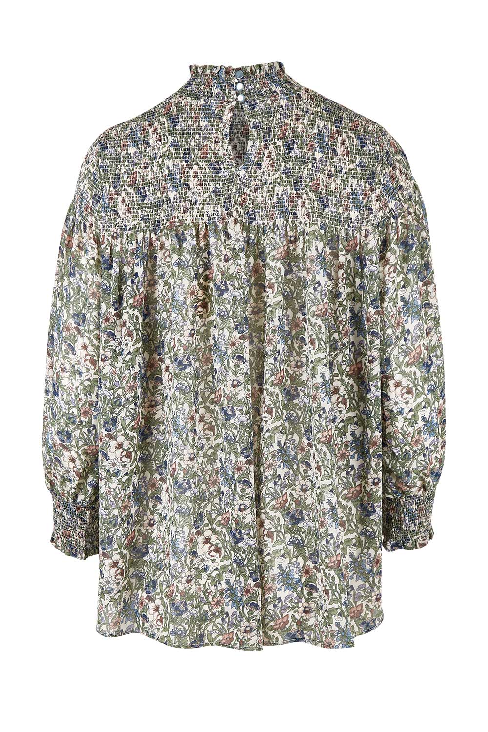 Product shot of the Romance In The Air Blouse in colour Fleur (Green), from the back