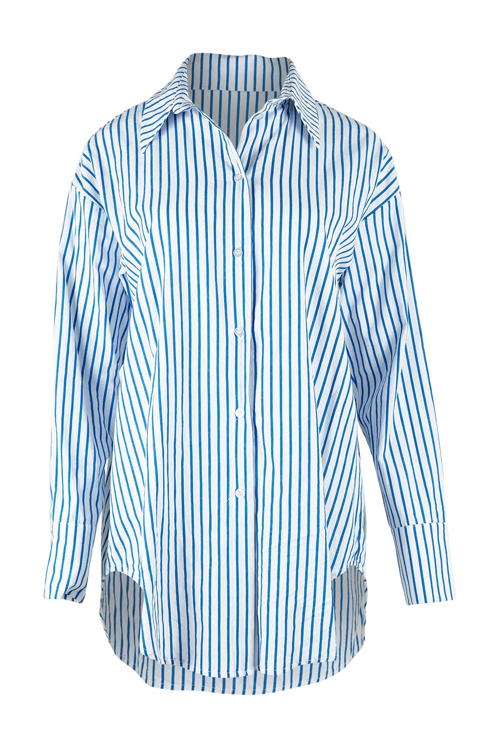 Product shot of the Relaxed Elegance Boyfriend Shirt in colour Bluestripe (Blue), from the front