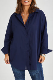 Model Monique wearing size 14 of the Relaxed Elegance Boyfriend Shirt in colour Inknavy (Blue), from the front, cropped image
