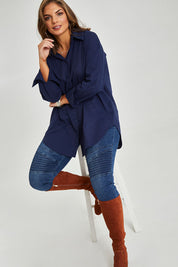 Model Monique wearing size 14 of the Relaxed Elegance Boyfriend Shirt in colour Inknavy (Blue), from the front, showing the whole outfit