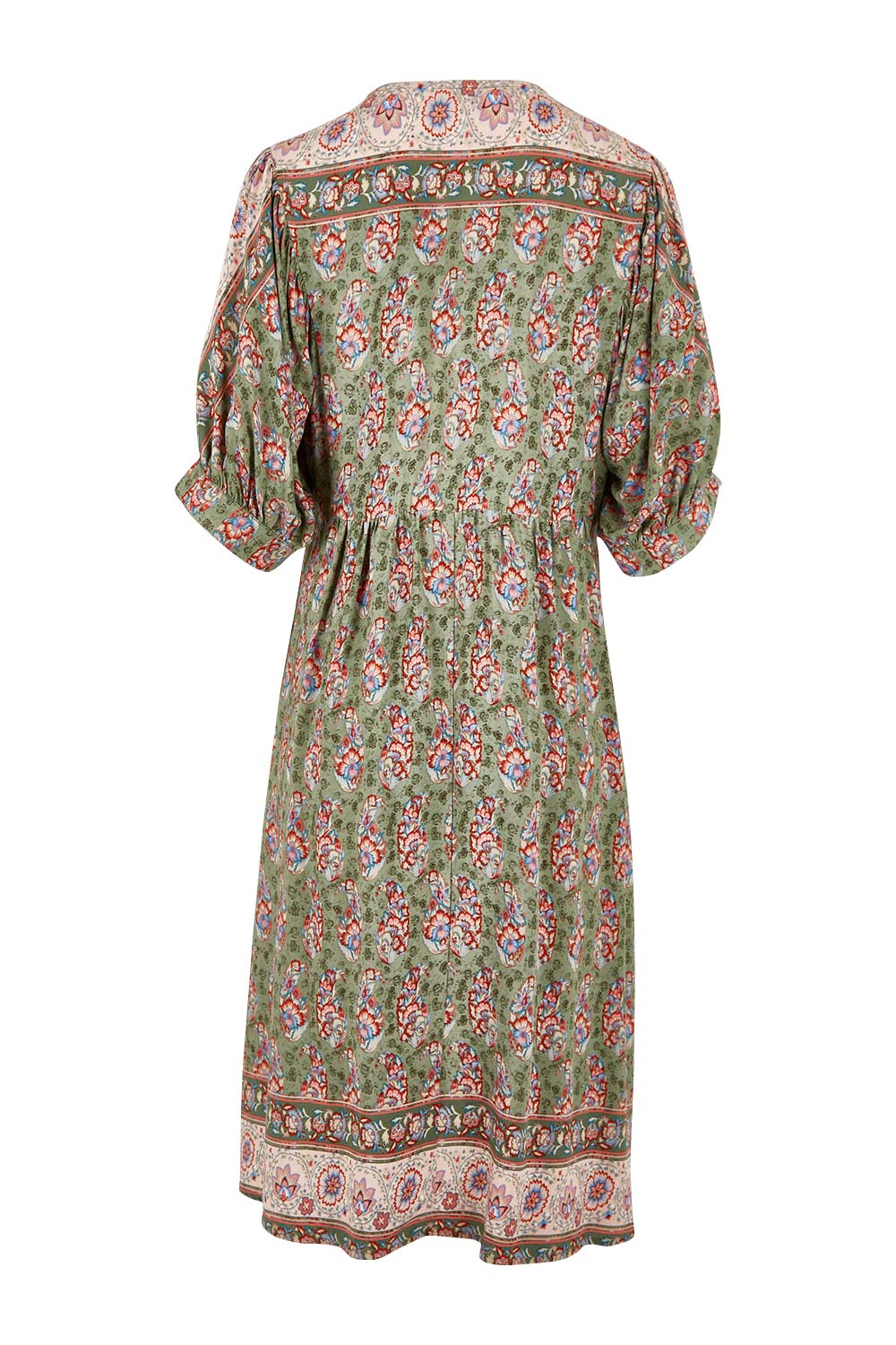 Product shot of the Sunshine And Flowers Smock Dress in colour Sagefleur (Green), from the back