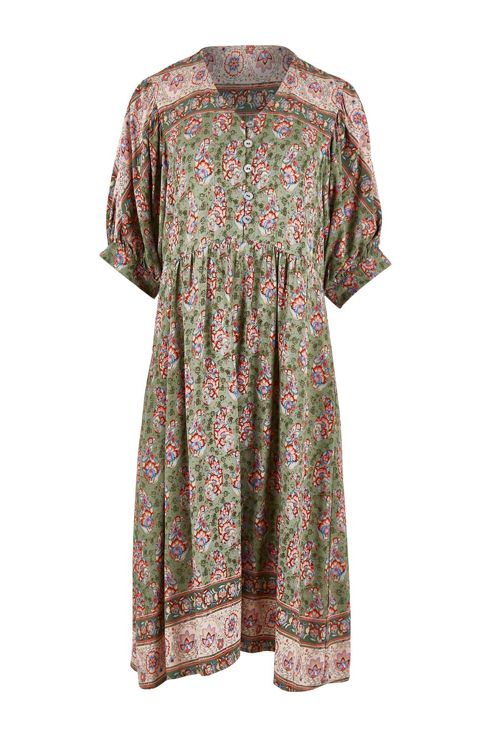 Product shot of the Sunshine And Flowers Smock Dress in colour Sagefleur (Green), from the front
