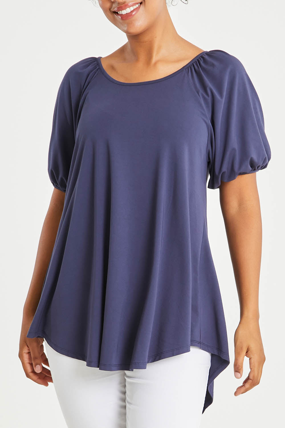 Model Noli wearing size 14 of the Sweet Melody Bamboo Tee in colour Navy (Blue), from the front, cropped image