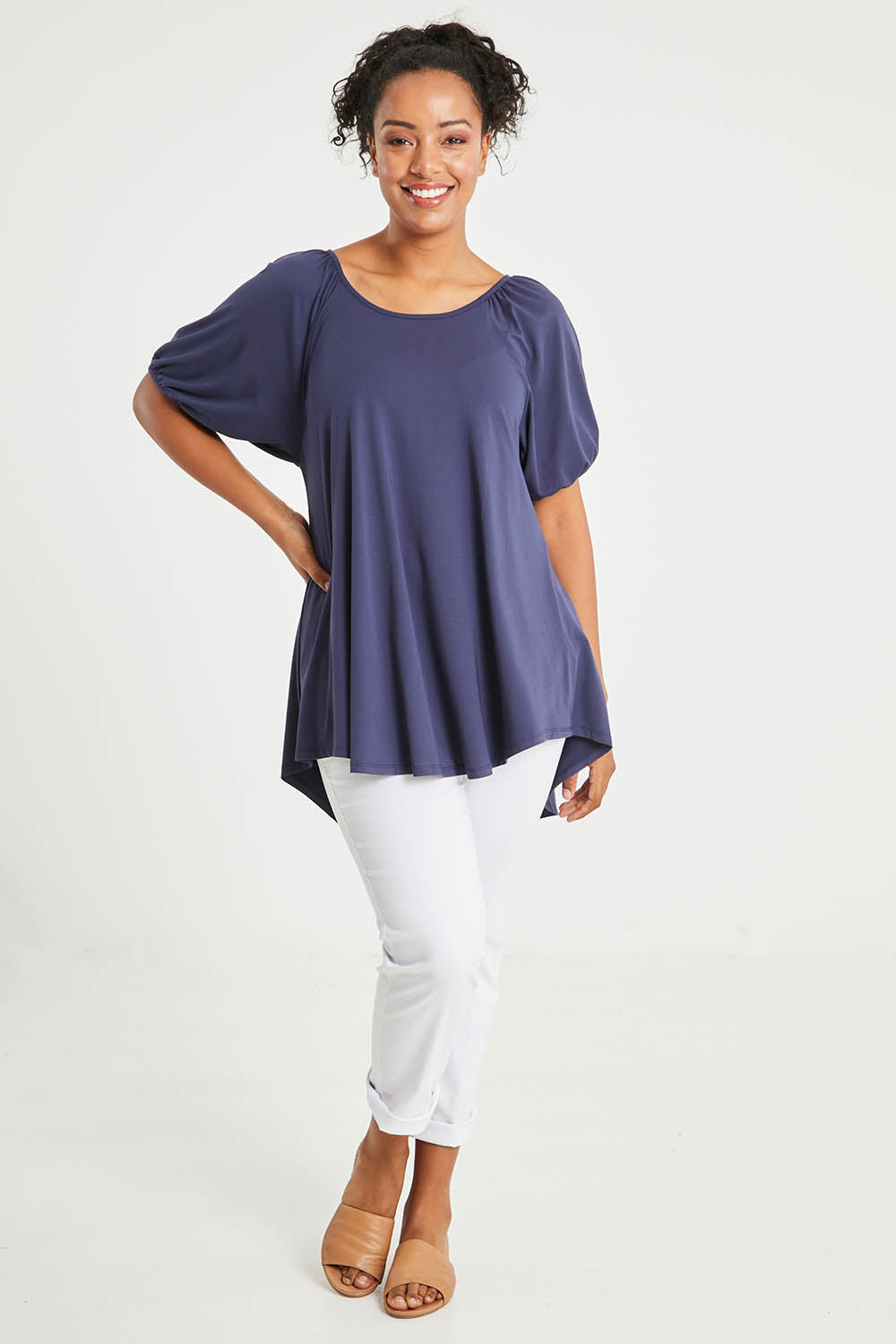 Model Noli wearing size 14 of the Sweet Melody Bamboo Tee in colour Navy (Blue), from the front, showing the whole outfit