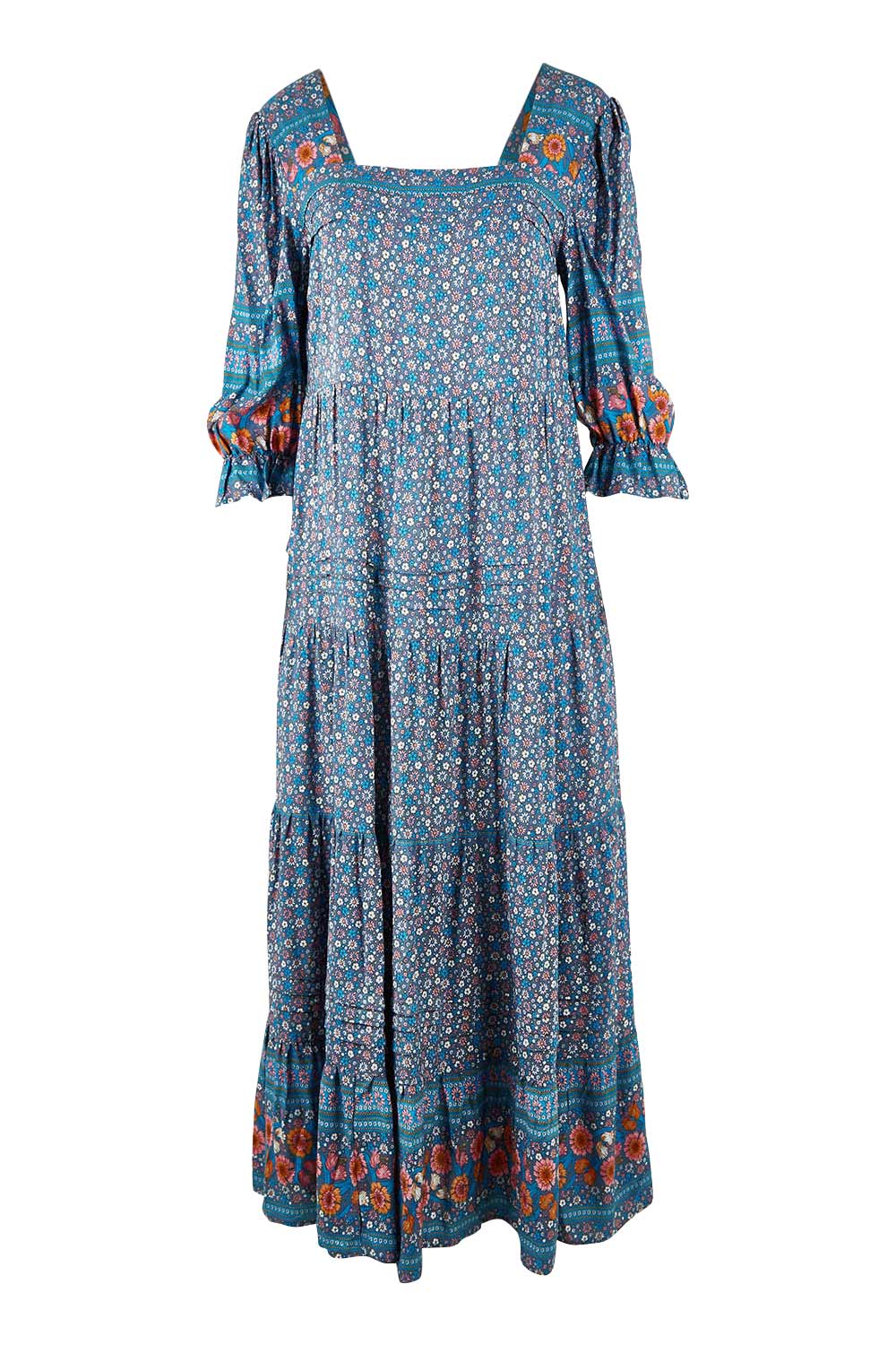 Product shot of the Paradise Found Maxi Dress in colour Denimfleur (Blue), from the front