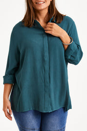 Model Monique wearing size 14 of the Brunch Lunch And Dinner Shirt in colour Sage (Green), from the front, cropped image