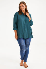 Model Monique wearing size 14 of the Brunch Lunch And Dinner Shirt in colour Sage (Green), from the front, showing the whole outfit