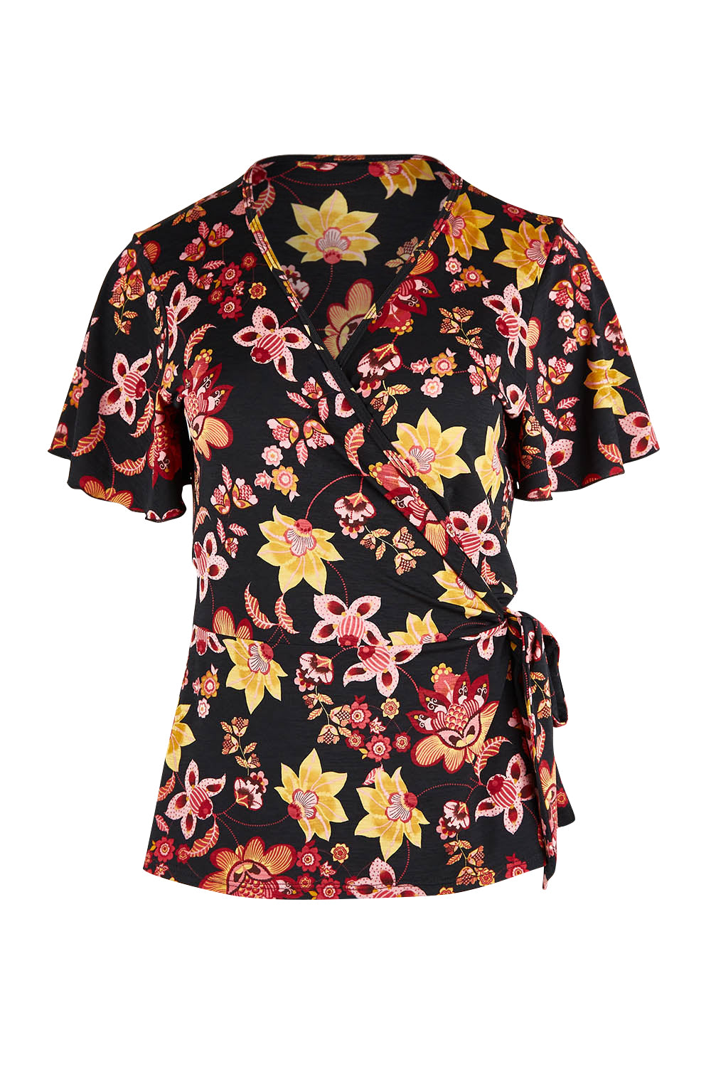 Product shot of the All For You Wrap Top in colour Blkfleur (Black), from the front