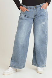 Model Chanel wearing size 16 of the Always There For Me Boyfriend Jeans in colour Denim (Blue), from the front, cropped image