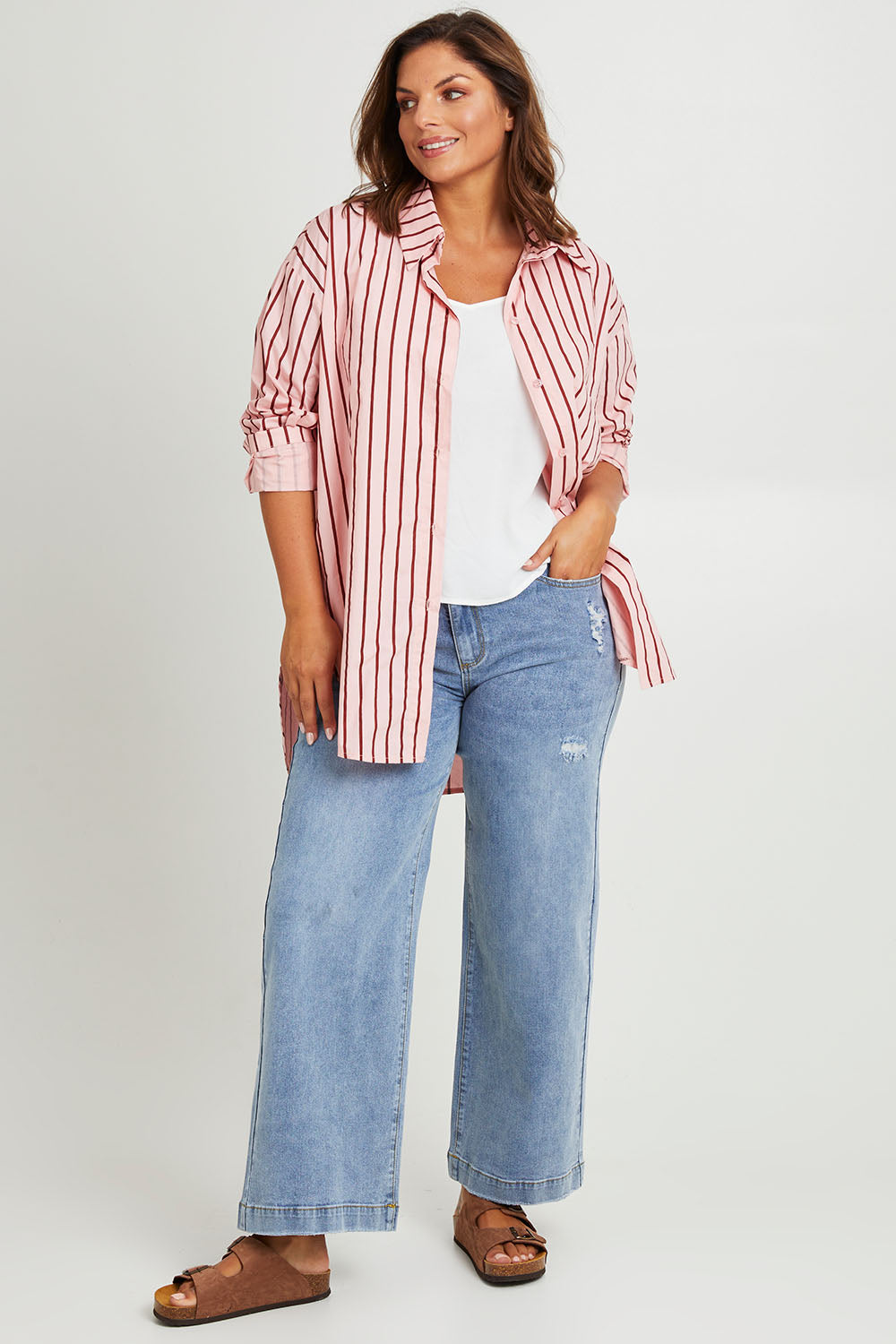 Model Monique wearing size 14 of the Always There For Me Boyfriend Jeans in colour Denim (Blue), from the front, showing the whole outfit