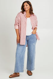 Model Monique wearing size 14 of the Always There For Me Boyfriend Jeans in colour Denim (Blue), from the front, showing the whole outfit