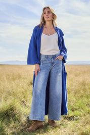 Model Tegan wearing size 10 of the Always There For Me Boyfriend Jeans in colour Denim (Blue), from the front, showing the whole outfit