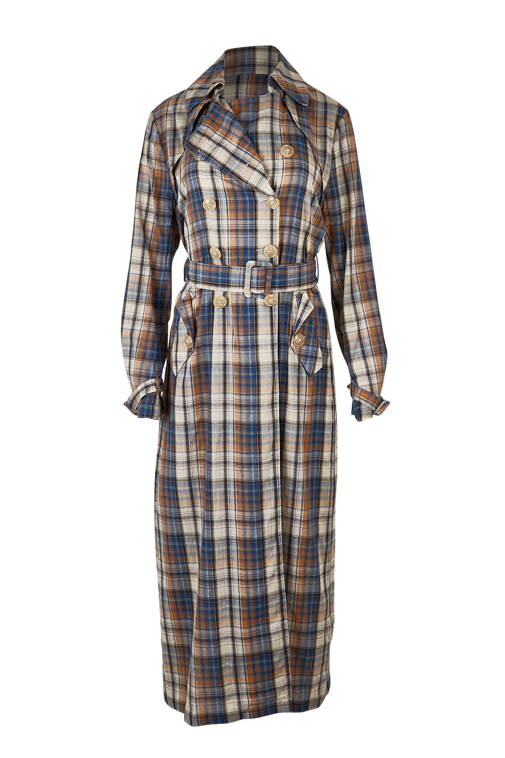 Product shot of the Check Me Out Trench Coat in colour Bluecheck (Blue), from the front