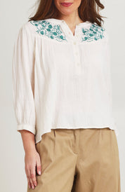 Model Jane wearing size 14 of the First Light Cotton Blouse in colour Milk (White), from the front, cropped image