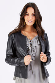 Model Georgia wearing size 10 of the Forever Leather Jacket in colour Black (Black), from the front, cropped image