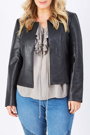 Model Jess wearing size 14 of the Forever Leather Jacket in colour Black (Black), from the front, cropped image