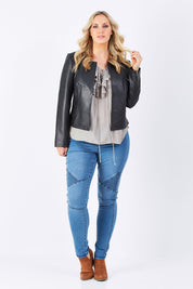 Model Jess wearing size 14 of the Forever Leather Jacket in colour Black (Black), from the front, showing the whole outfit
