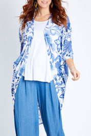 Model Laura wearing size 14 of the Falling For You Cardi in colour Bluewhite (Blue), from the front, cropped image