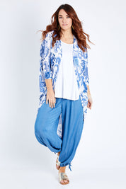 Model Laura wearing size 14 of the Falling For You Cardi in colour Bluewhite (Blue), from the front, showing the whole outfit