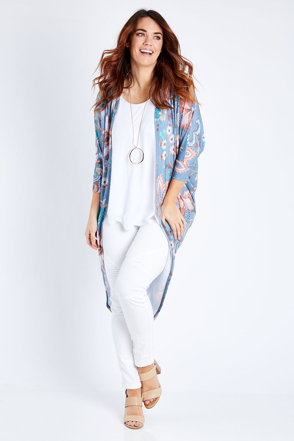 Model Laura wearing size 14 of the Falling For You Cardi in colour Denim (Blue), from the front, showing the whole outfit