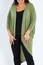 Model Sasha-Lee wearing size 16 of the Falling For You Cardi in colour Olive (Green), from the front, cropped image
