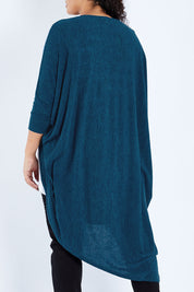 Model Sasha-Lee wearing size 16 of the Falling For You Cardi in colour Petrol (Blue), from the back