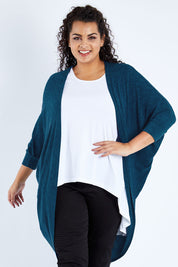 Model Sasha-Lee wearing size 16 of the Falling For You Cardi in colour Petrol (Blue), from the front, cropped image