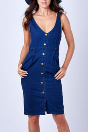Model Clementine wearing size 8 of the Dance With Me Denim Dress in colour Denim (Blue), from the front, cropped image
