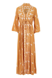 Product shot of the Dancing With Birds Dress in colour Golden, from the front