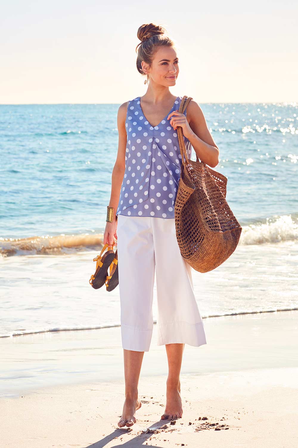 Model Marnee wearing size 10 of the Sugar Snaps Layer Tank in colour Dustyblue (Blue), from the front, showing the whole outfit