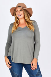 Model Fiona wearing size 16 of the Long Sleeve Softly Swinging Bamboo Tee in colour Fern (Green), from the front, cropped image