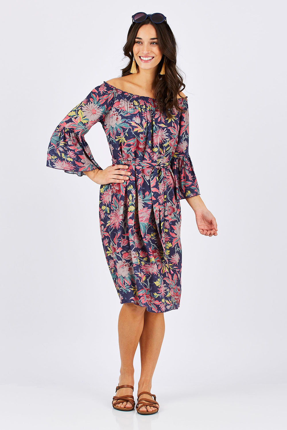 Model Georgia wearing size 10 of the Ti Amo Dress in colour BluePink (Blue), from the front, showing the whole outfit
