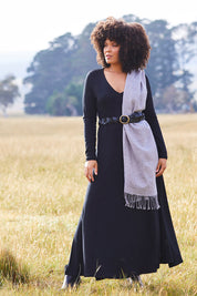 Model Rosaline wearing size 14 of the My Faithful Maxi Tee Dress in colour Black (Black), from the front, showing the whole outfit