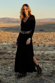 Model Tegan wearing size 10 of the My Faithful Maxi Tee Dress in colour Black (Black), from the front, showing the whole outfit