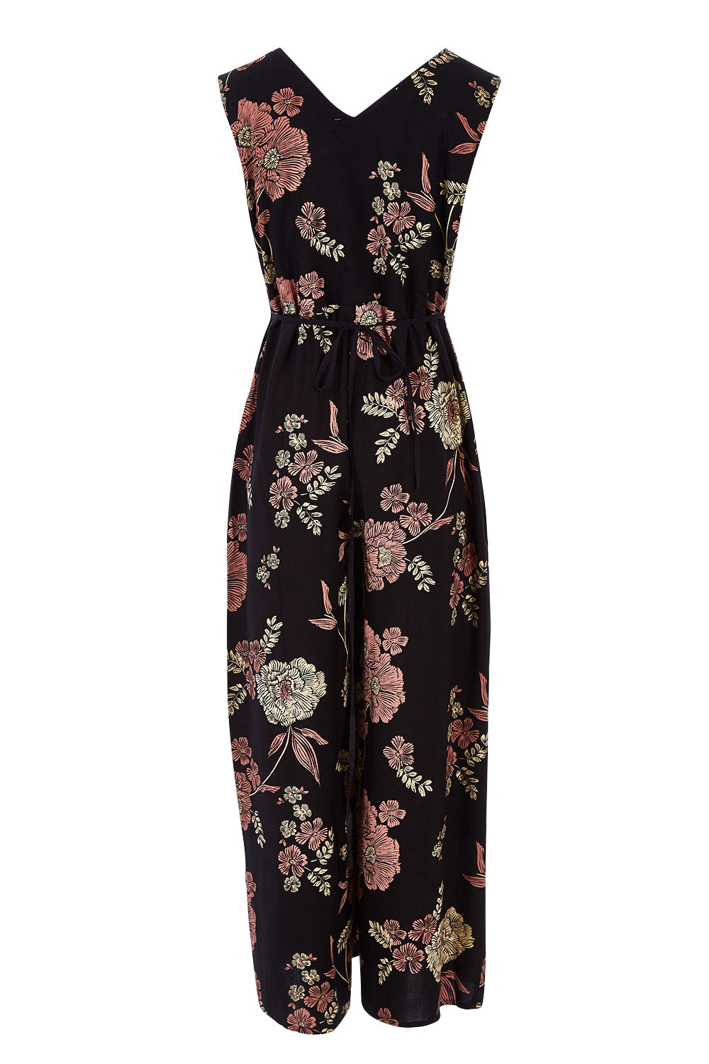 Product shot of the Illusion Faux Wrap Jumpsuit in colour Blackfleur (Black), from the back