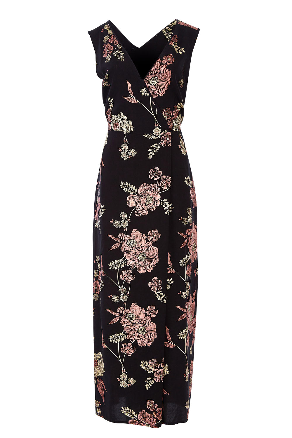 Product shot of the Illusion Faux Wrap Jumpsuit in colour Blackfleur (Black), from the front