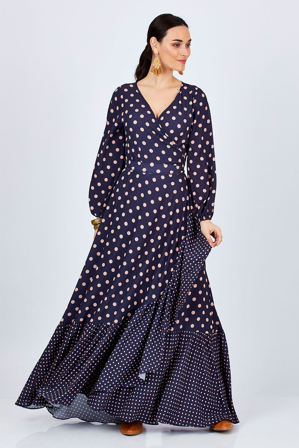 Model Georgia wearing size 10 of the Spotty About You Maxi Dress in colour NavySpot (Blue), from the front, showing the whole outfit