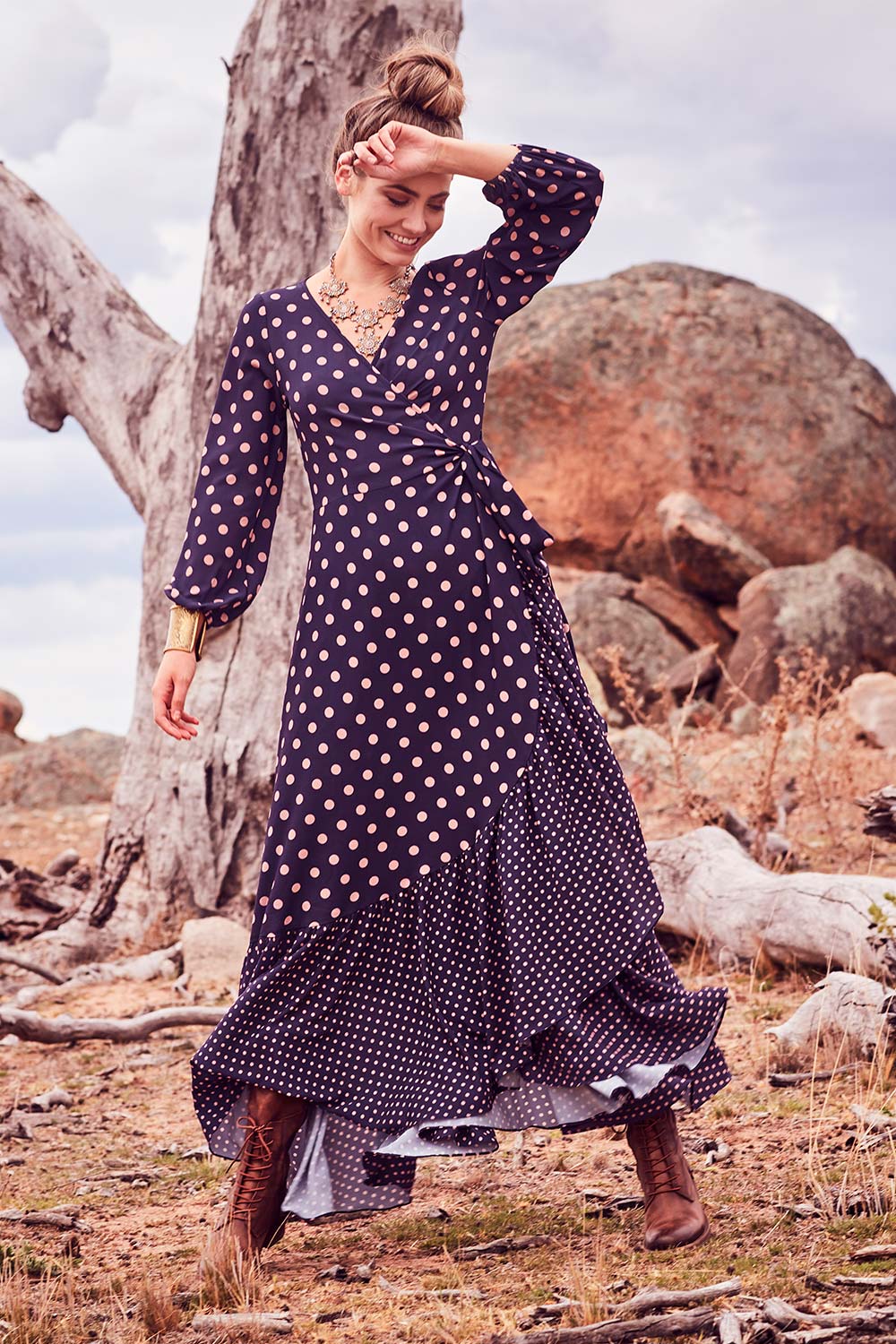 Model Marnee wearing size 10 of the Spotty About You Maxi Dress in colour NavySpot (Blue), from the front, showing the whole outfit