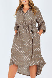 Model Fiona wearing size 16 of the Going With The Flow Dress in colour Taupe, from the front, cropped image