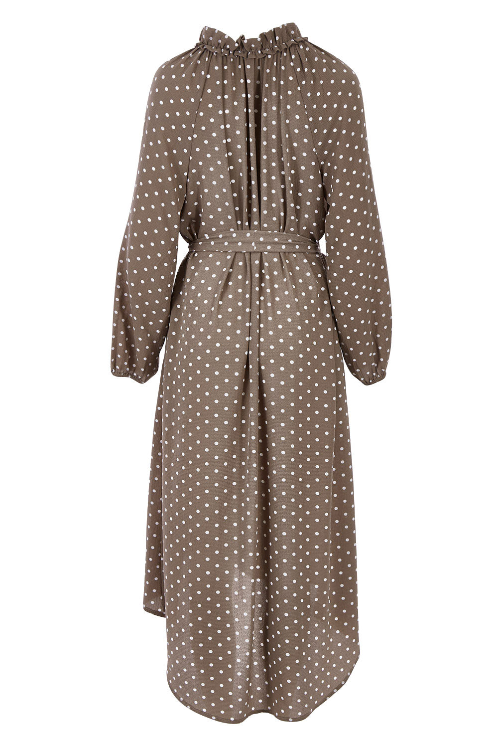 Product shot of the Going With The Flow Dress in colour Taupe, from the back